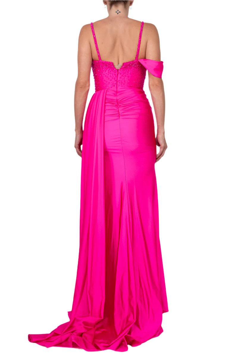 Colors Dress One Shoulder Beaded Bodice Front Slit Gown-2