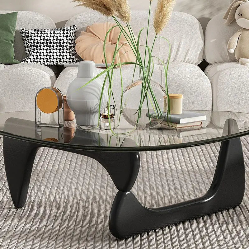 Triangle Glass Coffee Table - Solid Wood Base, Minimalist Nordic Design-2