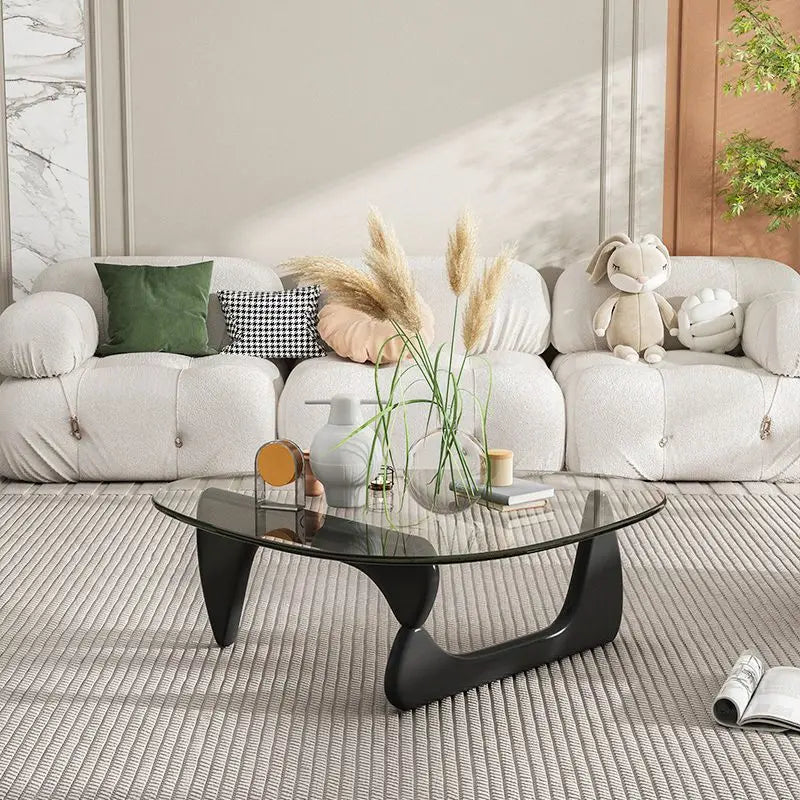 Triangle Glass Coffee Table - Solid Wood Base, Minimalist Nordic Design-1