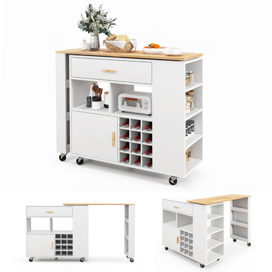 NNECW 2-in-1 Reversible Mobile Kitchen Island with Rubber Wood Top and Adjustable Shelf for Dinning Room-1
