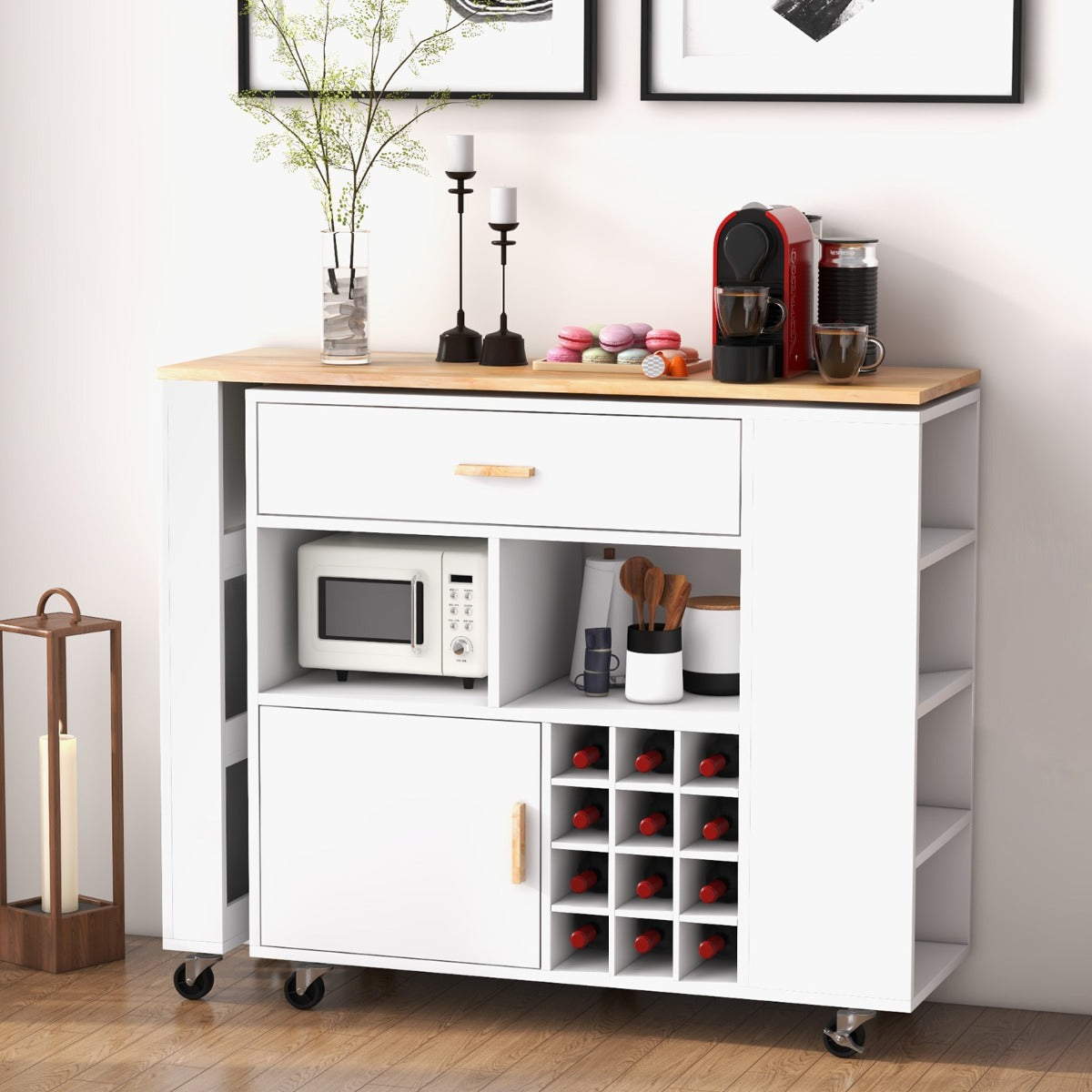 NNECW 2-in-1 Reversible Mobile Kitchen Island with Rubber Wood Top and Adjustable Shelf for Dinning Room-0