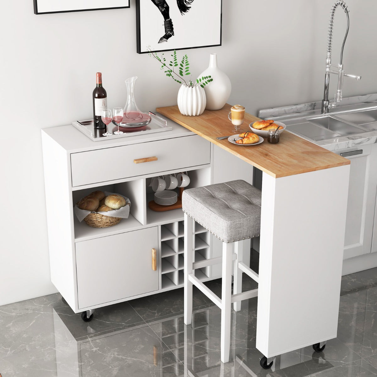 NNECW 2-in-1 Reversible Mobile Kitchen Island with Rubber Wood Top and Adjustable Shelf for Dinning Room-4