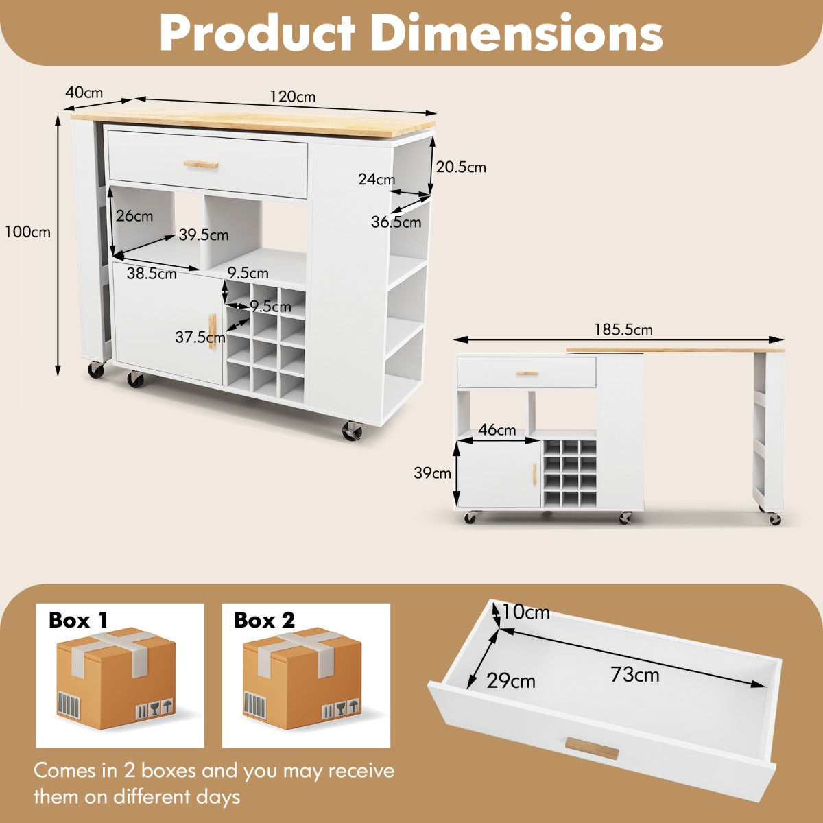 NNECW 2-in-1 Reversible Mobile Kitchen Island with Rubber Wood Top and Adjustable Shelf for Dinning Room-3