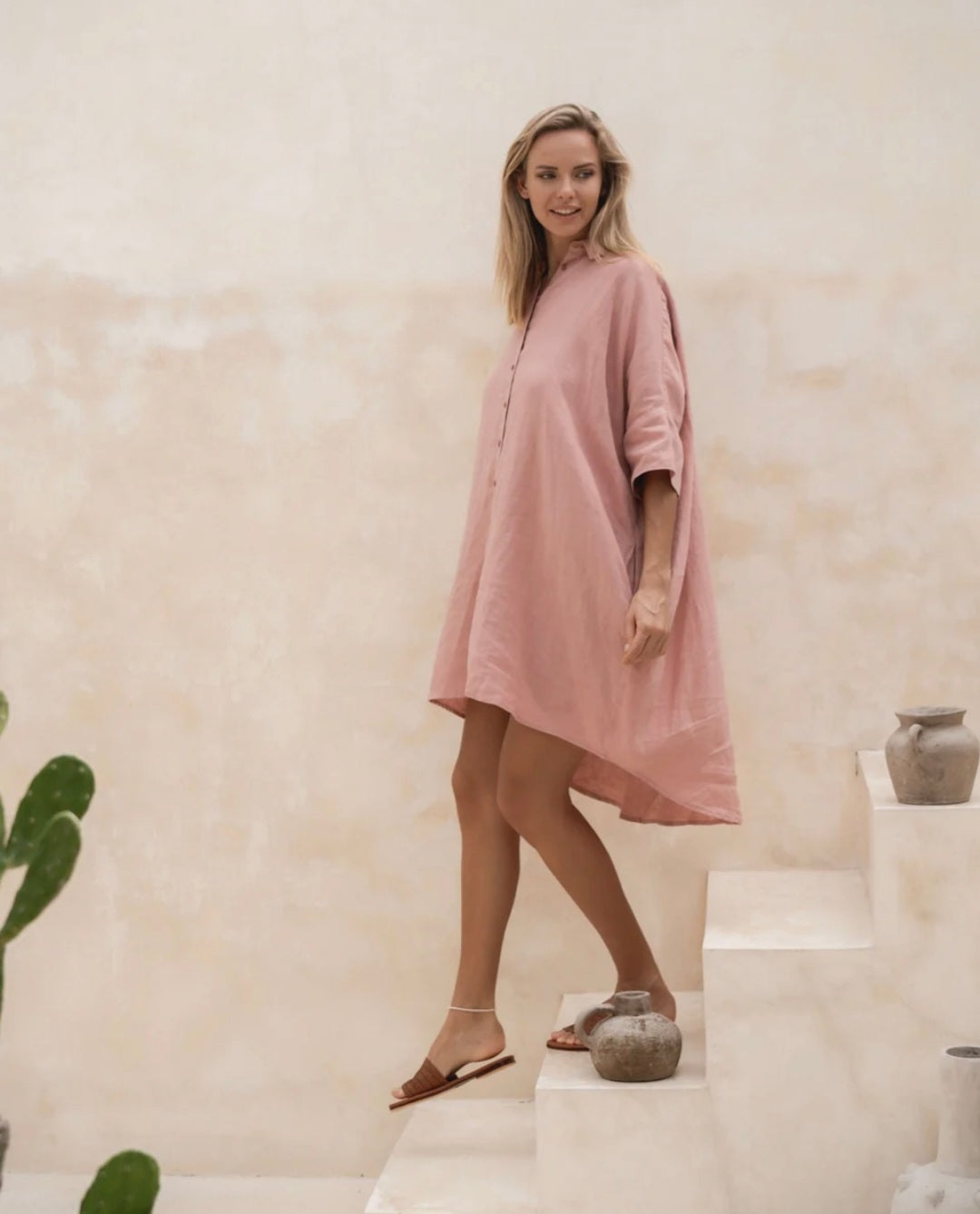 Peach Linen Asymmetric Dress | Shirt Dress | Linen Dress | Linen Clothing | 100% Organic Linen-1