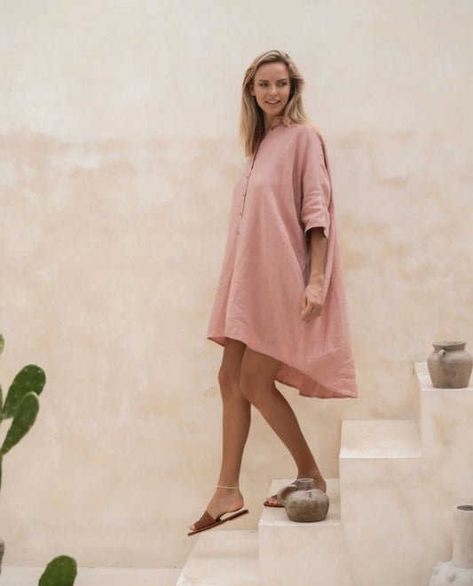 Peach Linen Asymmetric Dress | Shirt Dress | Linen Dress | Linen Clothing | 100% Organic Linen-1
